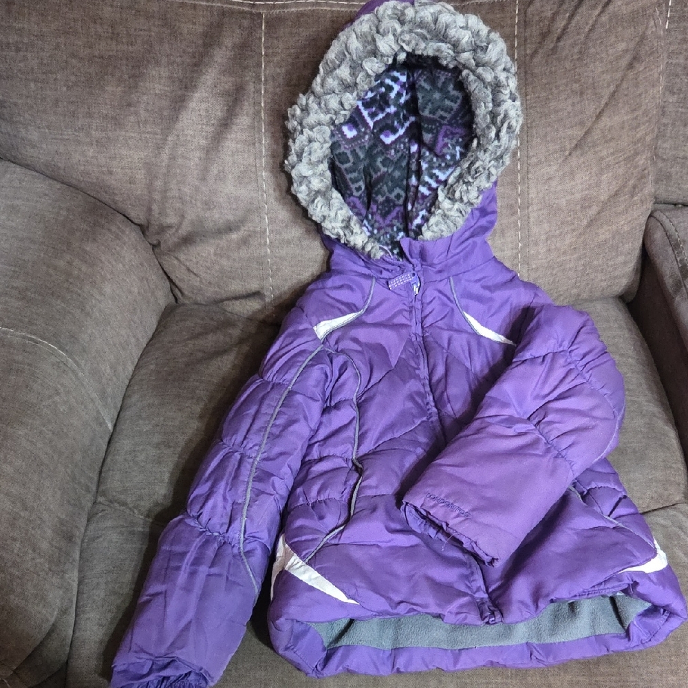 London Fog Purple Puffer Jacket with Faux Fur Hood